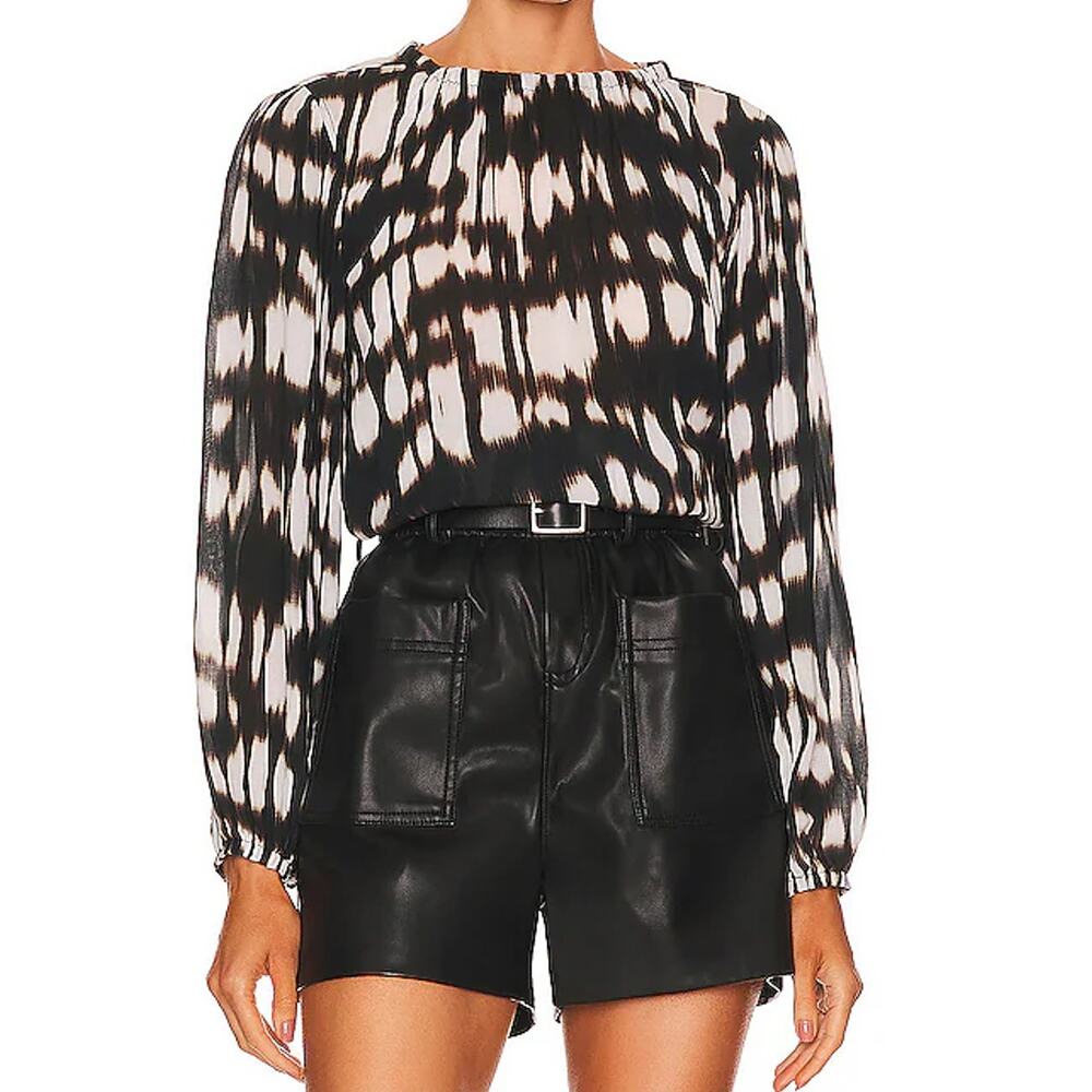 Bella Dahl Shirred Top Womens S Ikat Blurred Print Brown Long Sleeve Blouse NWT